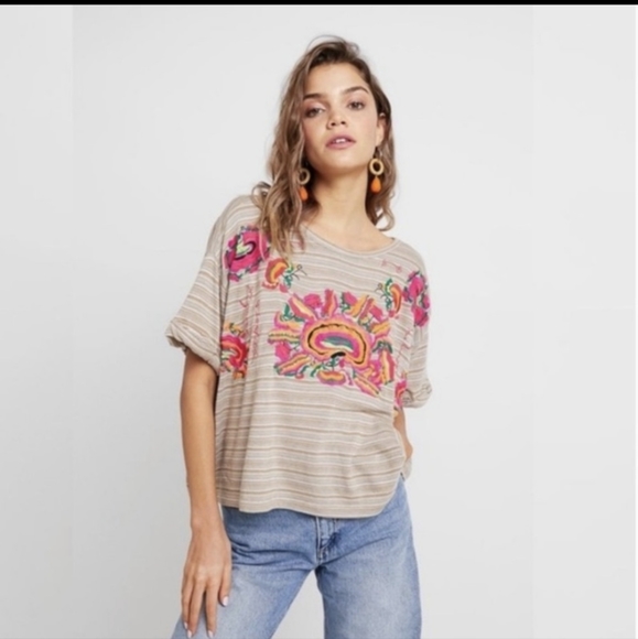 Free People Tops - Free People Embroidered Oversized Catalunya Tee Shirt Women's Size Small